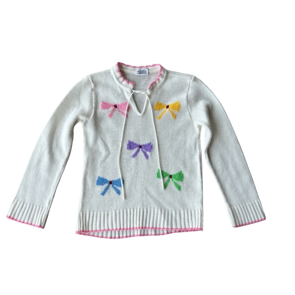 Vintage Girl's White Knit Bow Sweater Pink Trim Tie Neck Pullover Size 6